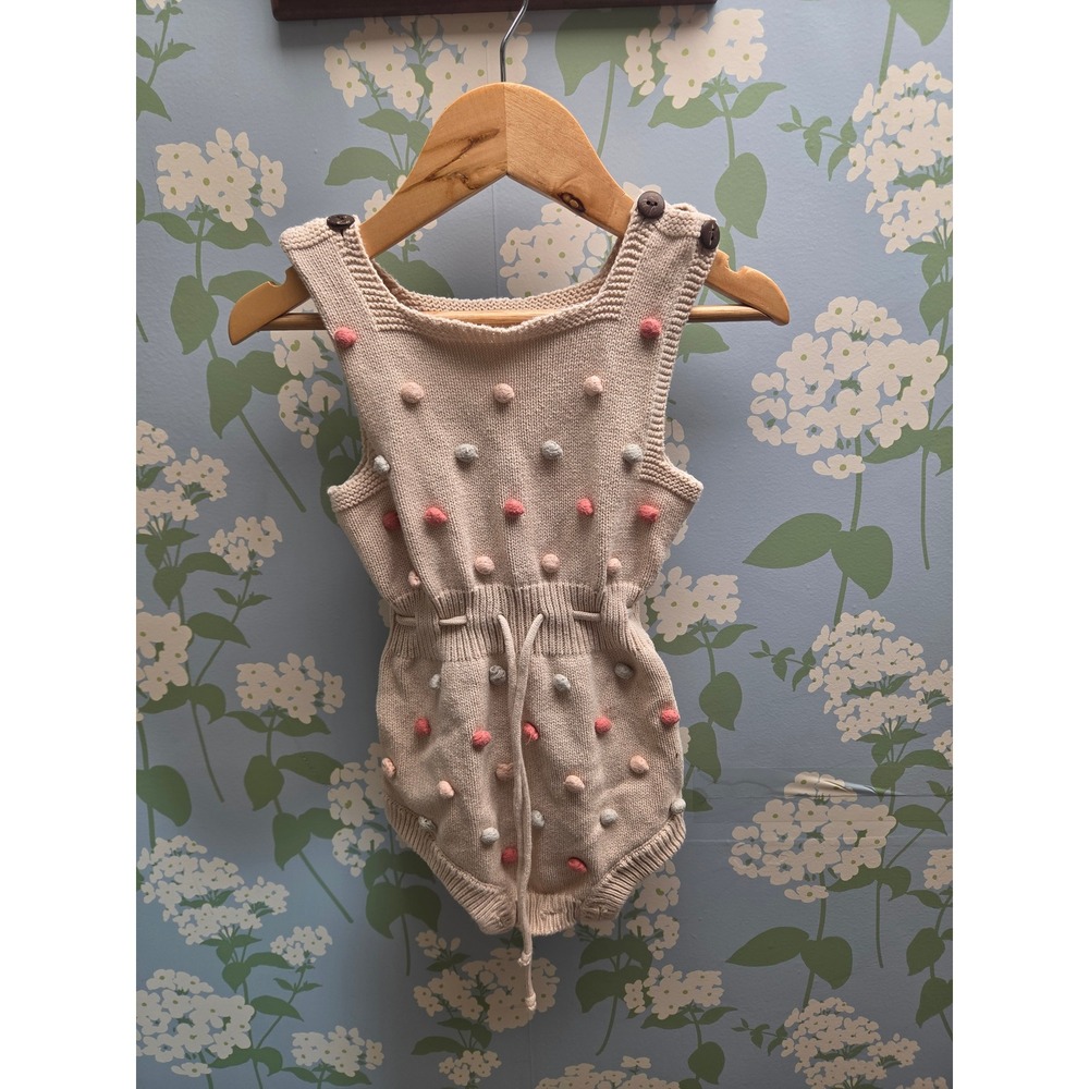 Knit Pom Pom Baby Romper Cream Cotton Drawstring Sleeveless Size 90